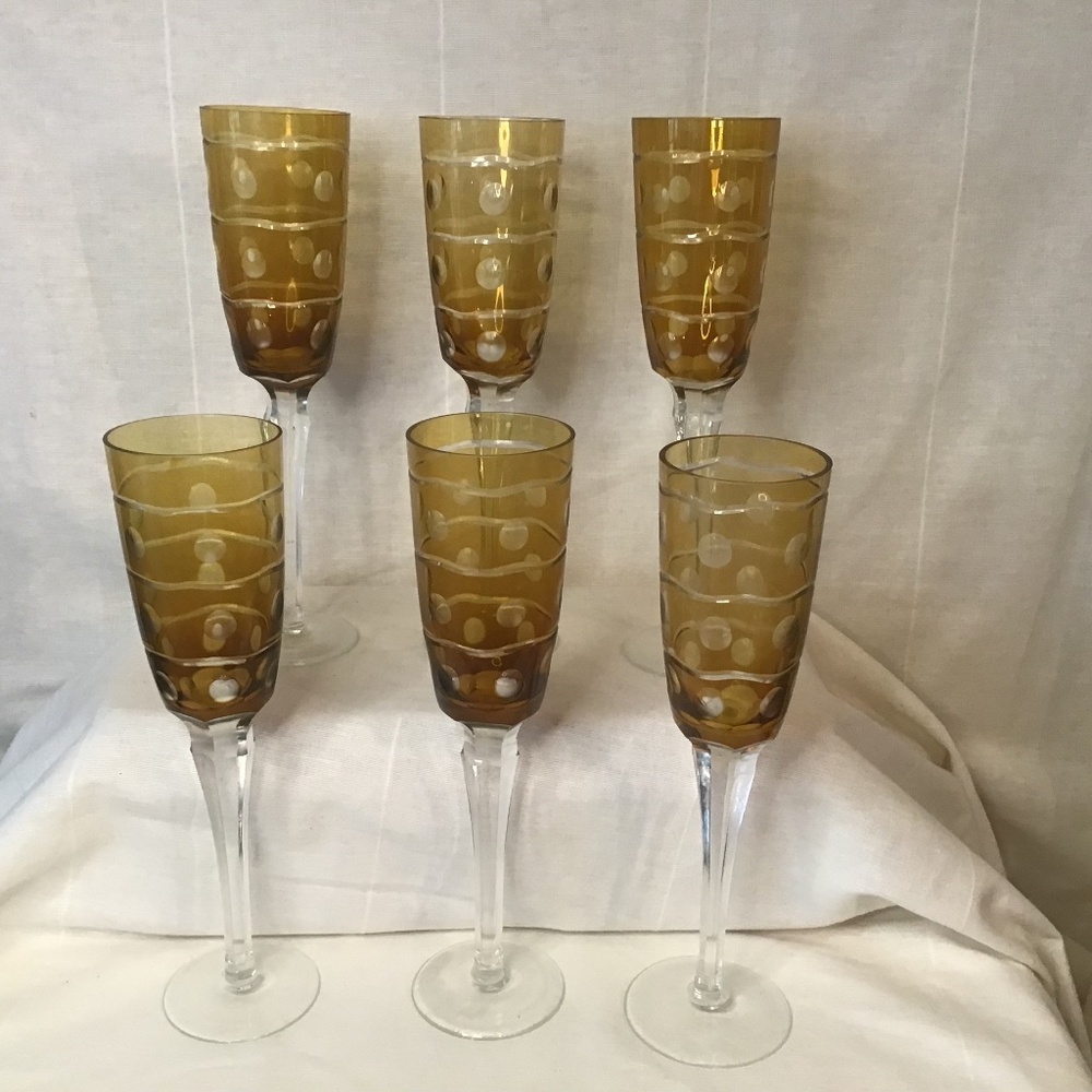 VTG Bohemian Crystal Cut to Clear Amber Champagne / Wine Flute. Set of 6.